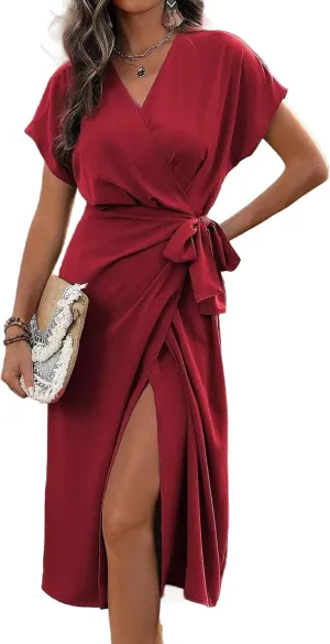 Women's Summer V Neck Wrap Dress Short Sleeve Split Casual Midi Dress