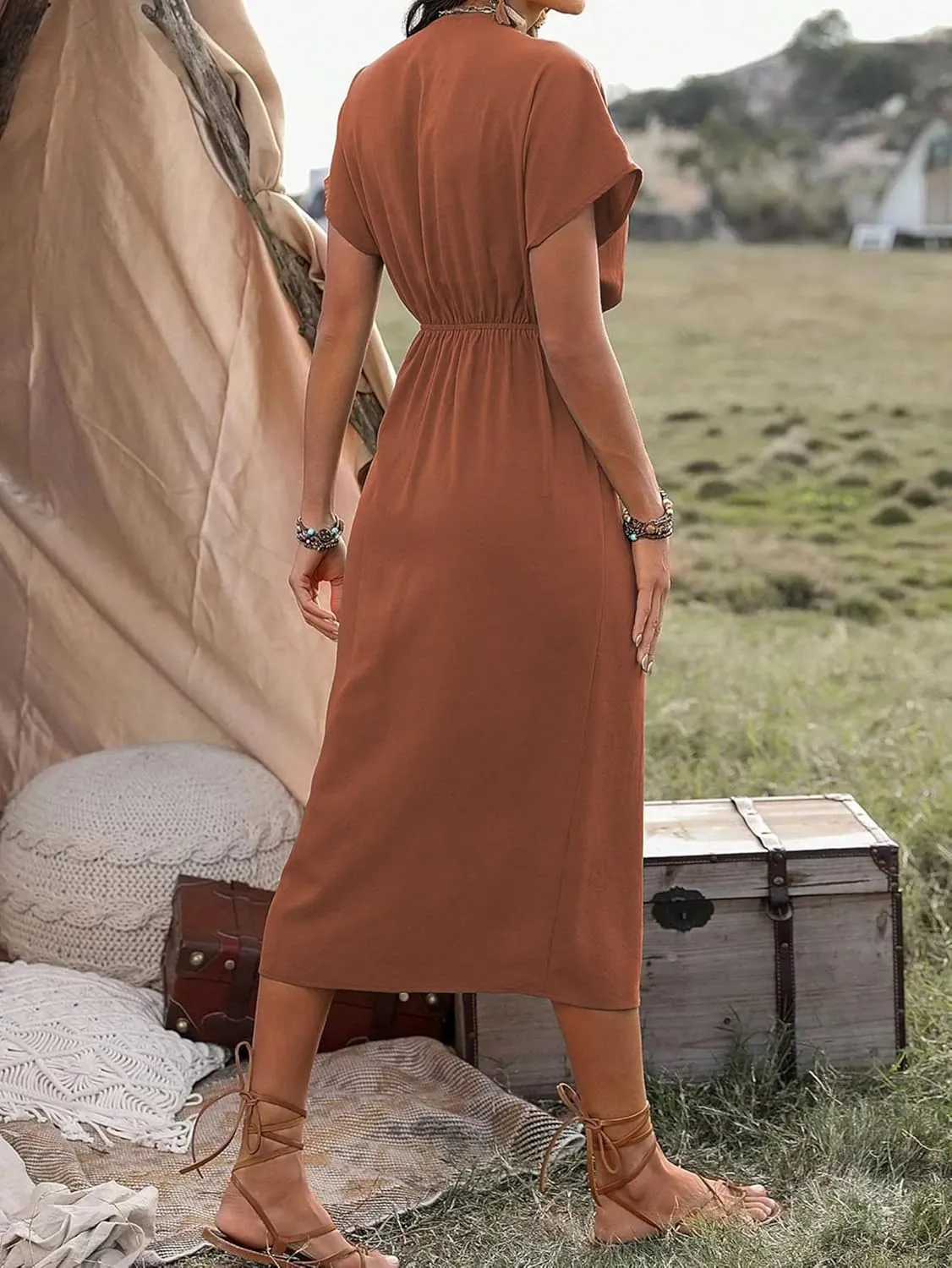Women's Summer V Neck Wrap Dress Short Sleeve Split Casual Midi Dress