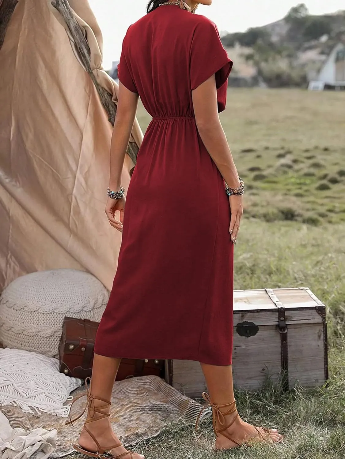 Women's Summer V Neck Wrap Dress Short Sleeve Split Casual Midi Dress
