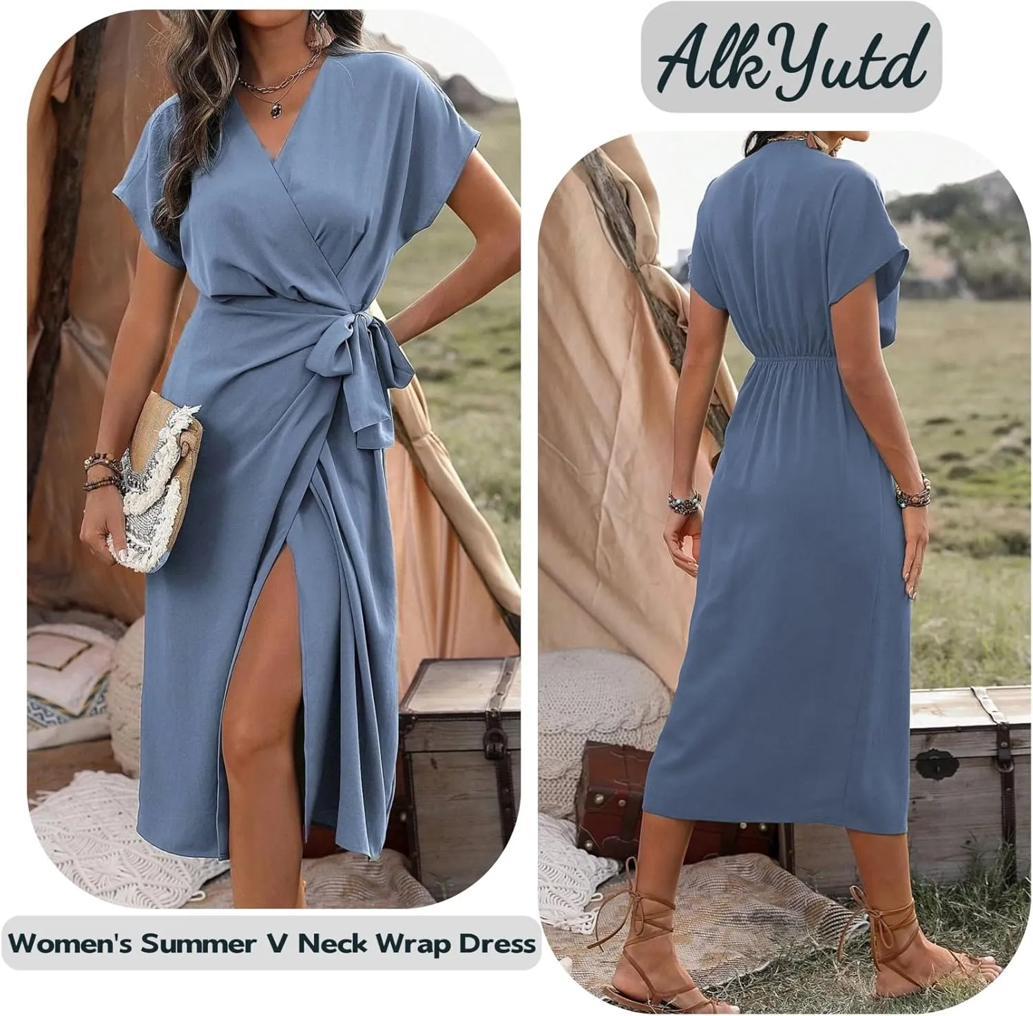 Women's Summer V Neck Wrap Dress Short Sleeve Split Casual Midi Dress