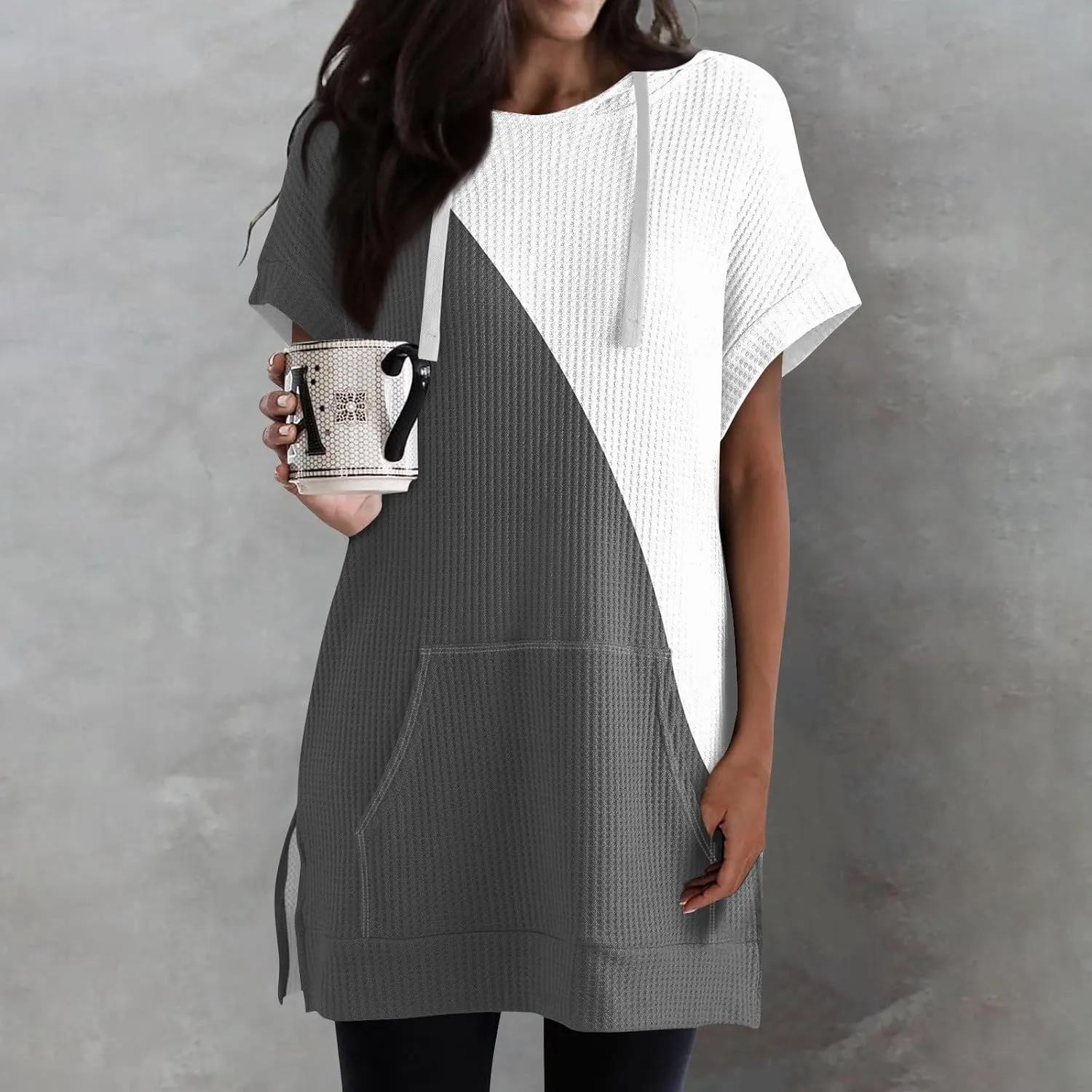 Womens Summer Waffle Short Sleeve Long Shrits With Pockets Oversized Hoodies Tunics Or Tops To Wear With Leggings