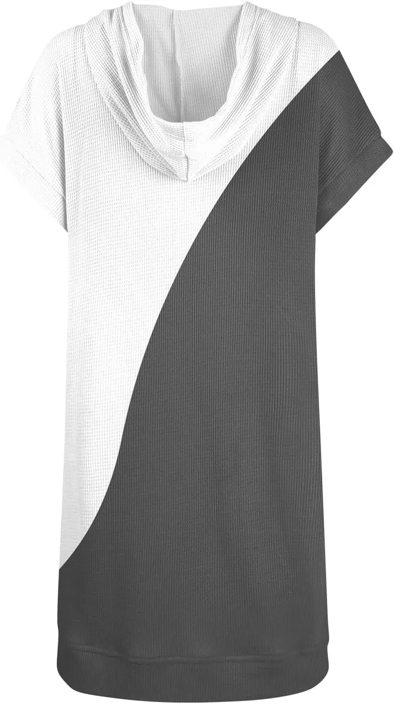 Womens Summer Waffle Short Sleeve Long Shrits With Pockets Oversized Hoodies Tunics Or Tops To Wear With Leggings