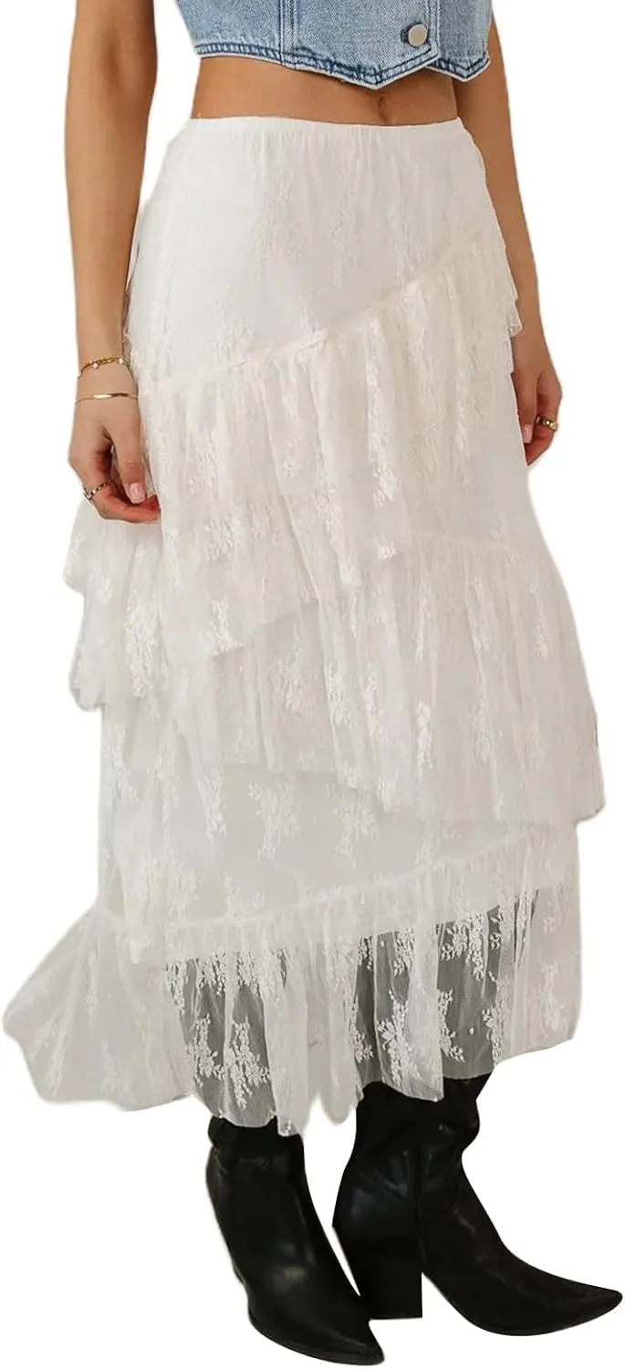 Women's Summer Y2k Floral Lace Maxi Skirt Casual Fashion Low Waist Holiday Party Wrap Half Dress Streetwear