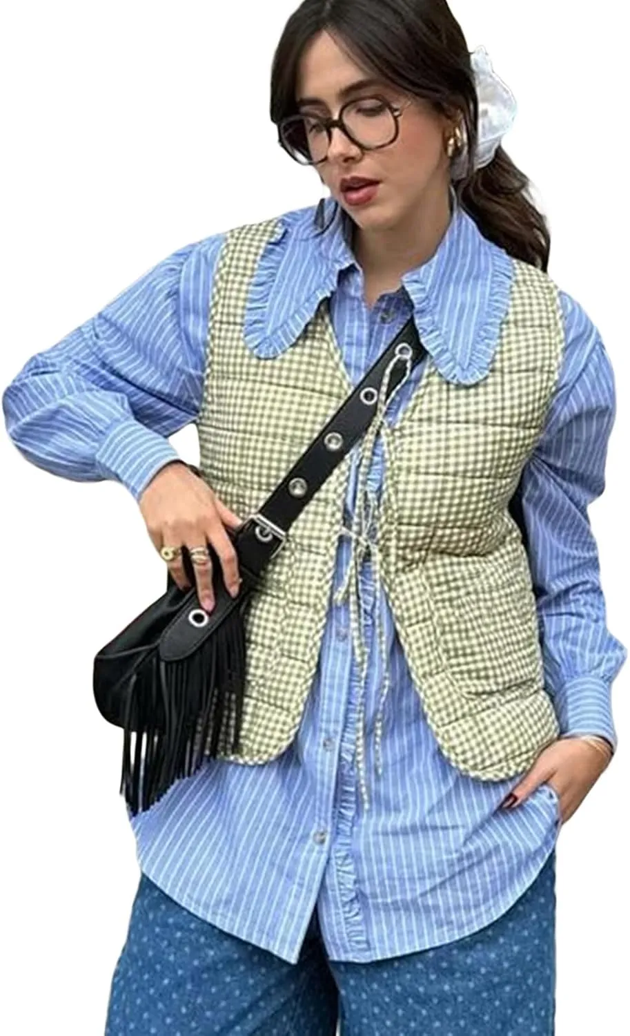 Women's Tie Front Quilted Vest Fall Winter Tie-Up Gingham Sleeveless Jacket Denim Gilet Y2K Streetwear