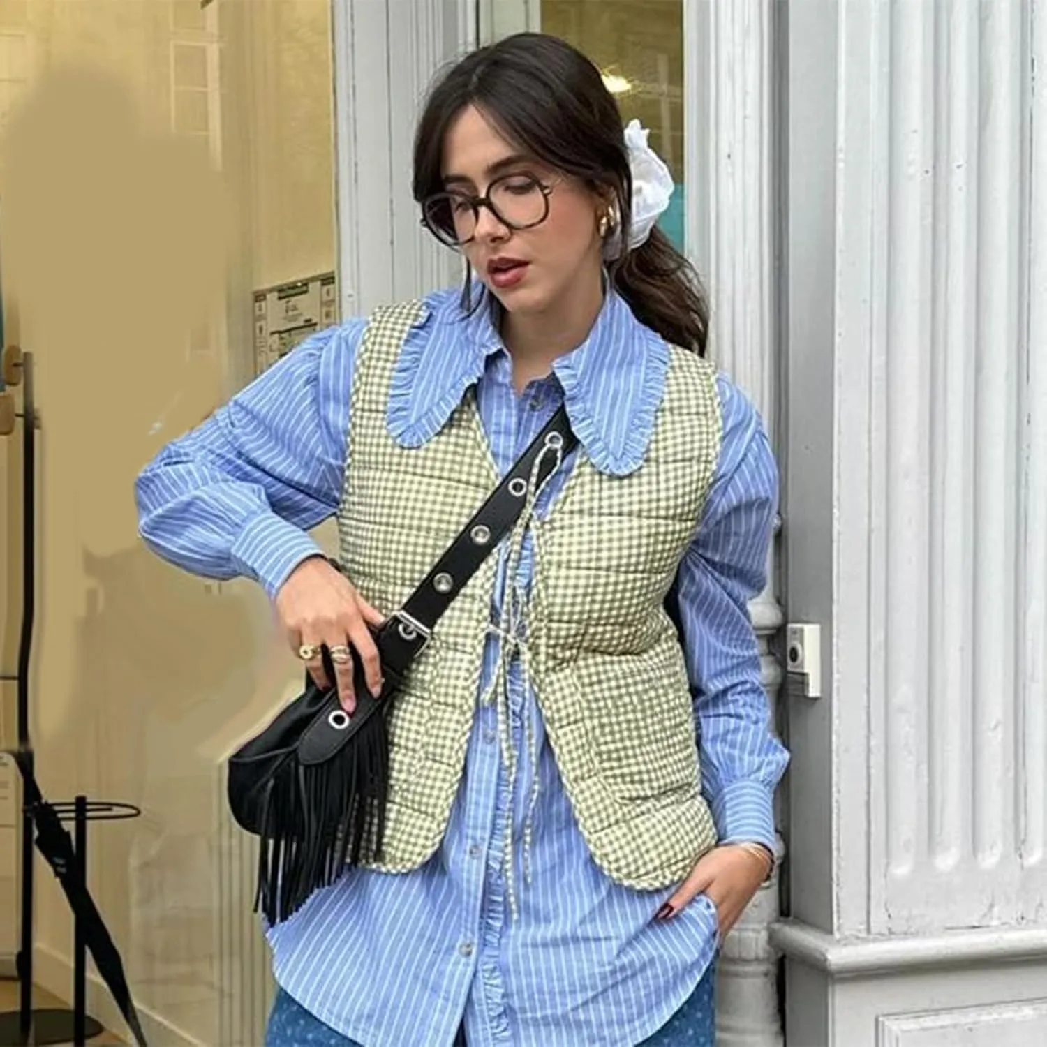 Women's Tie Front Quilted Vest Fall Winter Tie-Up Gingham Sleeveless Jacket Denim Gilet Y2K Streetwear