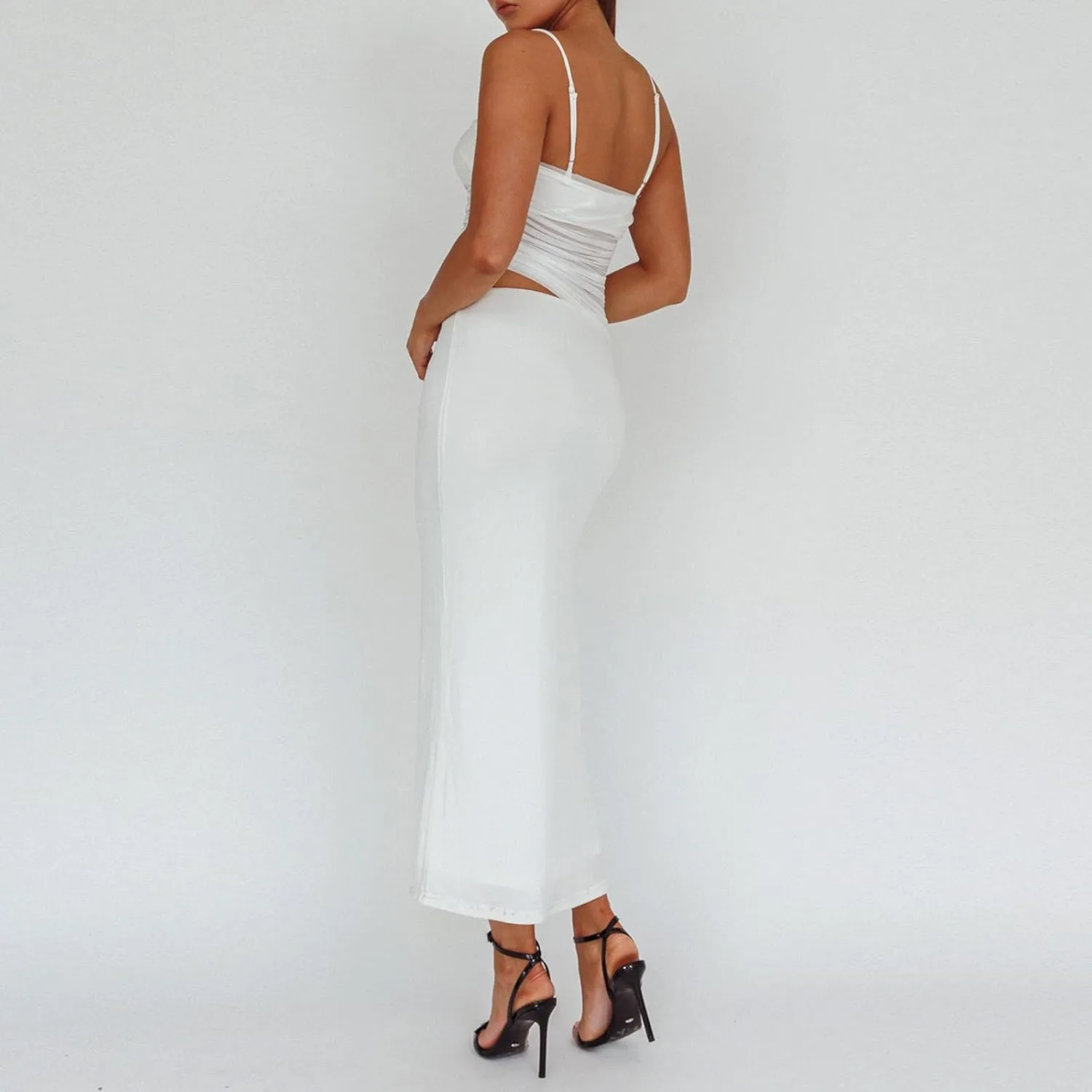 Womens Two Piece Maxi Skirt Outfits Sleeveless Mesh Crop Tank Tops Bodycon Long Skirt Summer Y2k Dress Suits