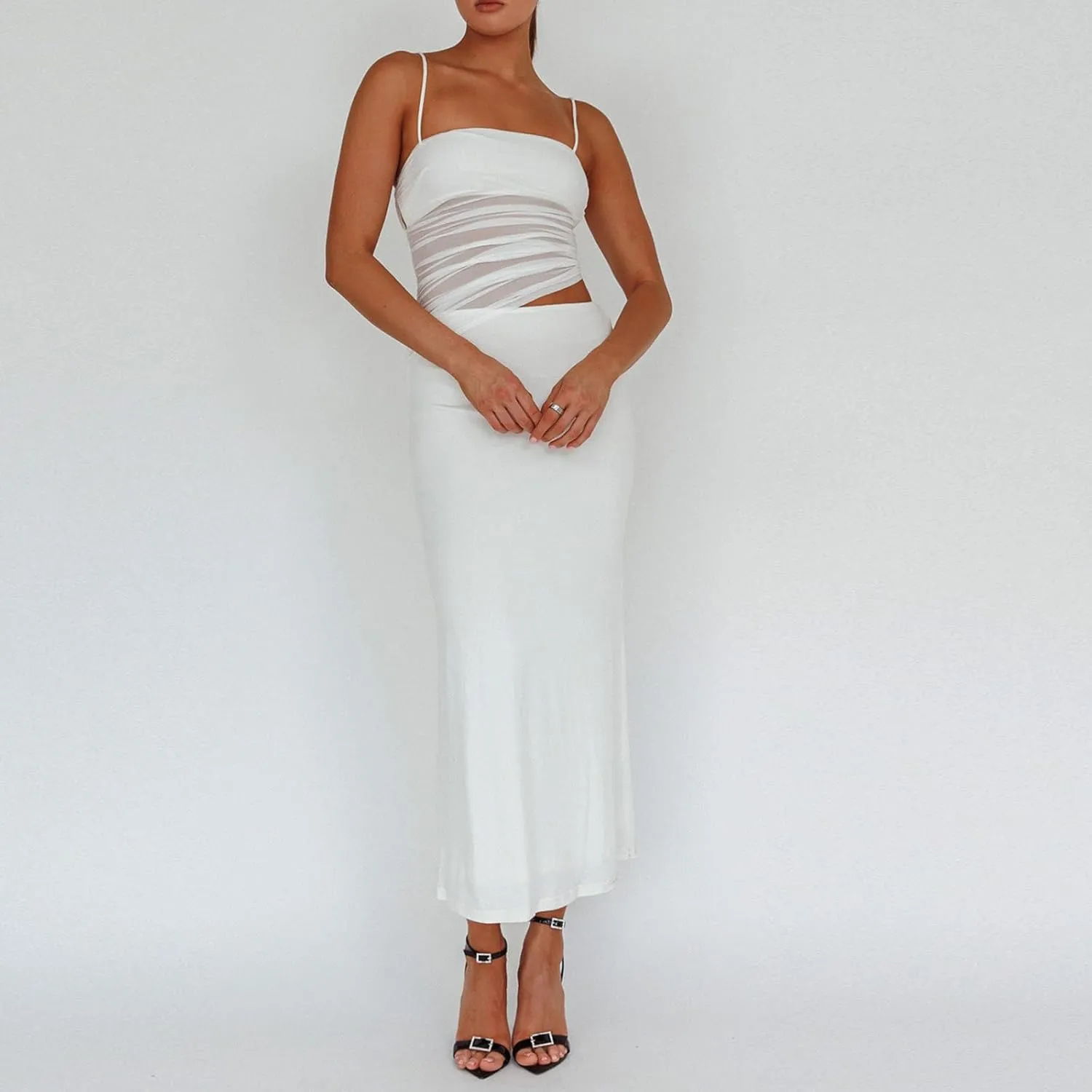 Womens Two Piece Maxi Skirt Outfits Sleeveless Mesh Crop Tank Tops Bodycon Long Skirt Summer Y2k Dress Suits