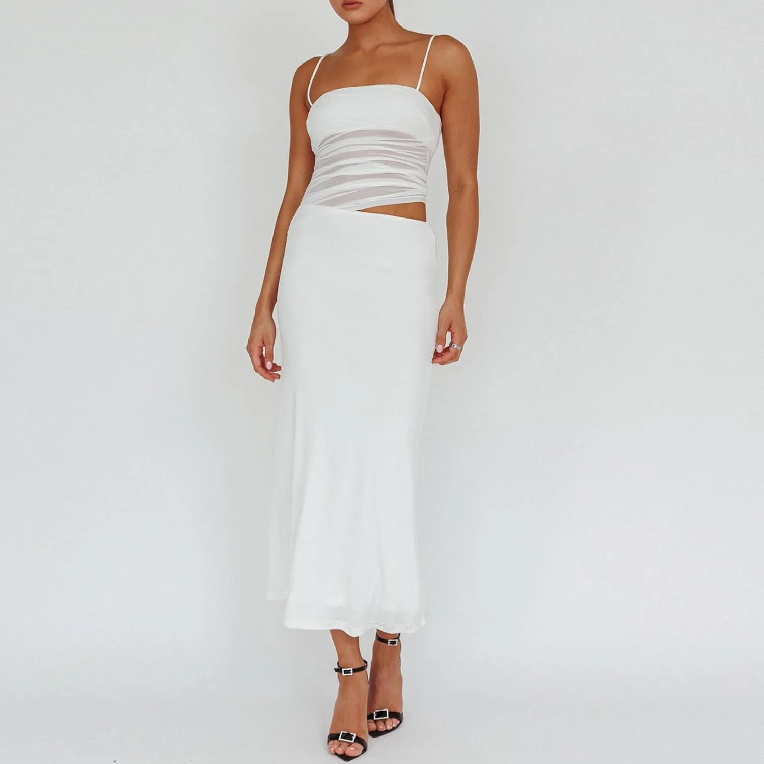 Womens Two Piece Maxi Skirt Outfits Sleeveless Mesh Crop Tank Tops Bodycon Long Skirt Summer Y2k Dress Suits