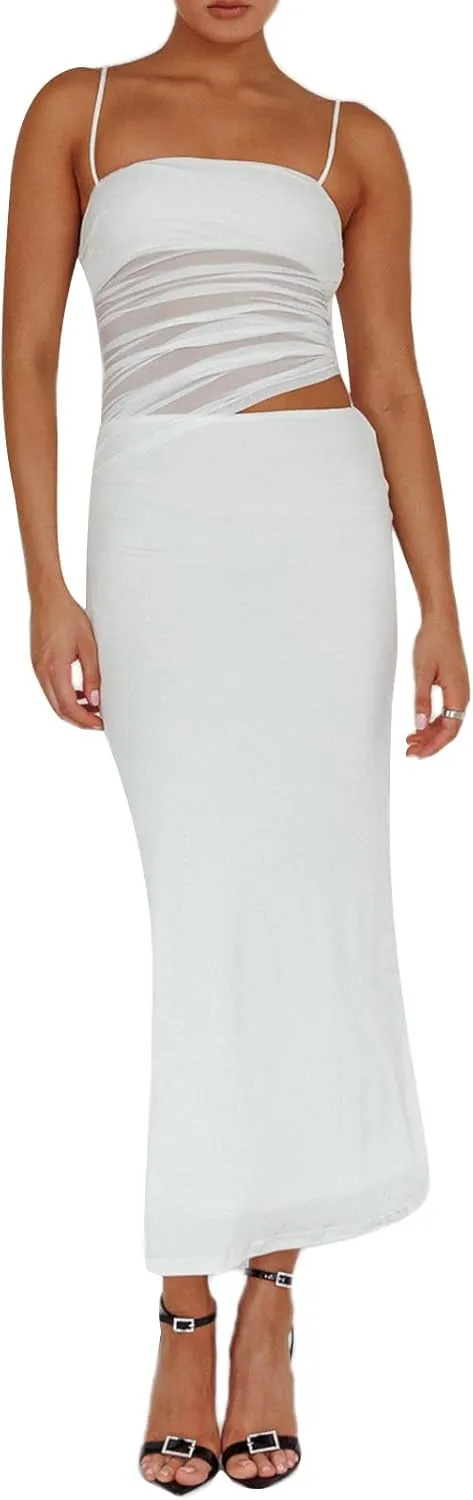 Womens Two Piece Maxi Skirt Outfits Sleeveless Mesh Crop Tank Tops Bodycon Long Skirt Summer Y2k Dress Suits