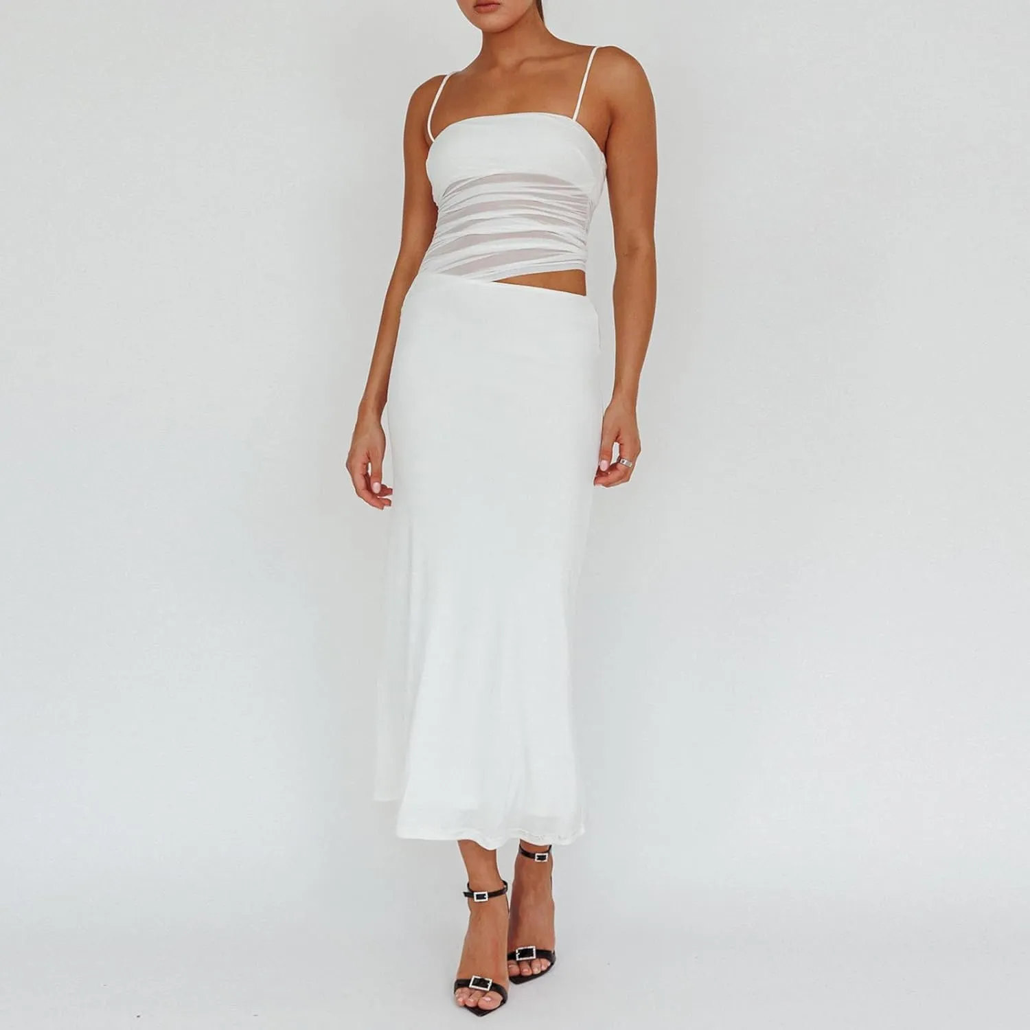 Womens Two Piece Maxi Skirt Outfits Sleeveless Mesh Crop Tank Tops Bodycon Long Skirt Summer Y2k Dress Suits