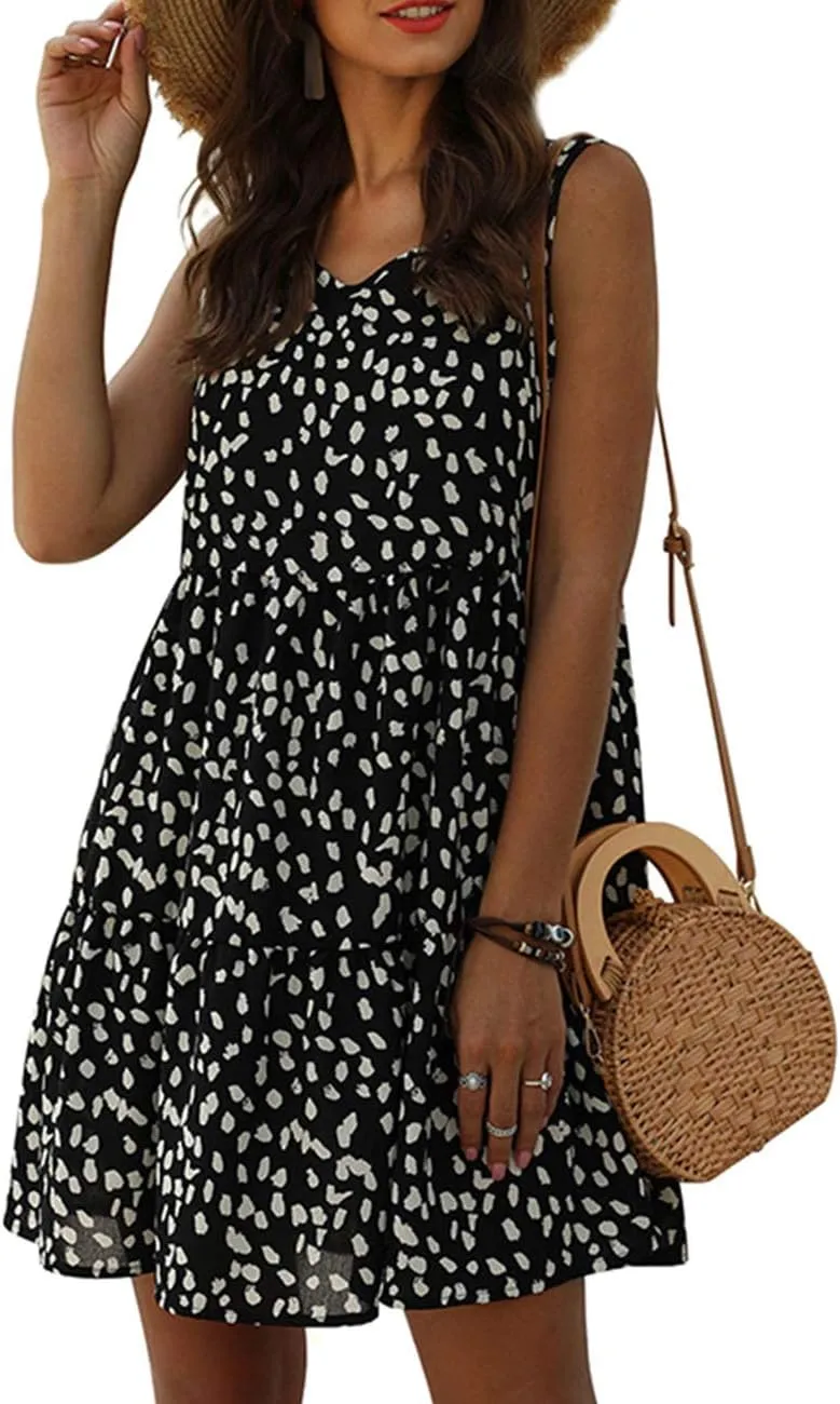 Women's V Neck Sleeveless Dot Print Dress Loose Ruffle Hem Swing Babydoll Dress