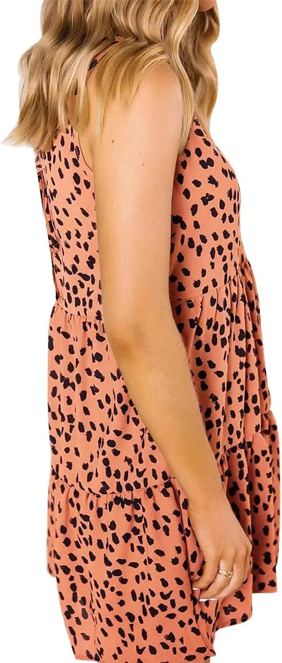 Women's V Neck Sleeveless Dot Print Dress Loose Ruffle Hem Swing Babydoll Dress