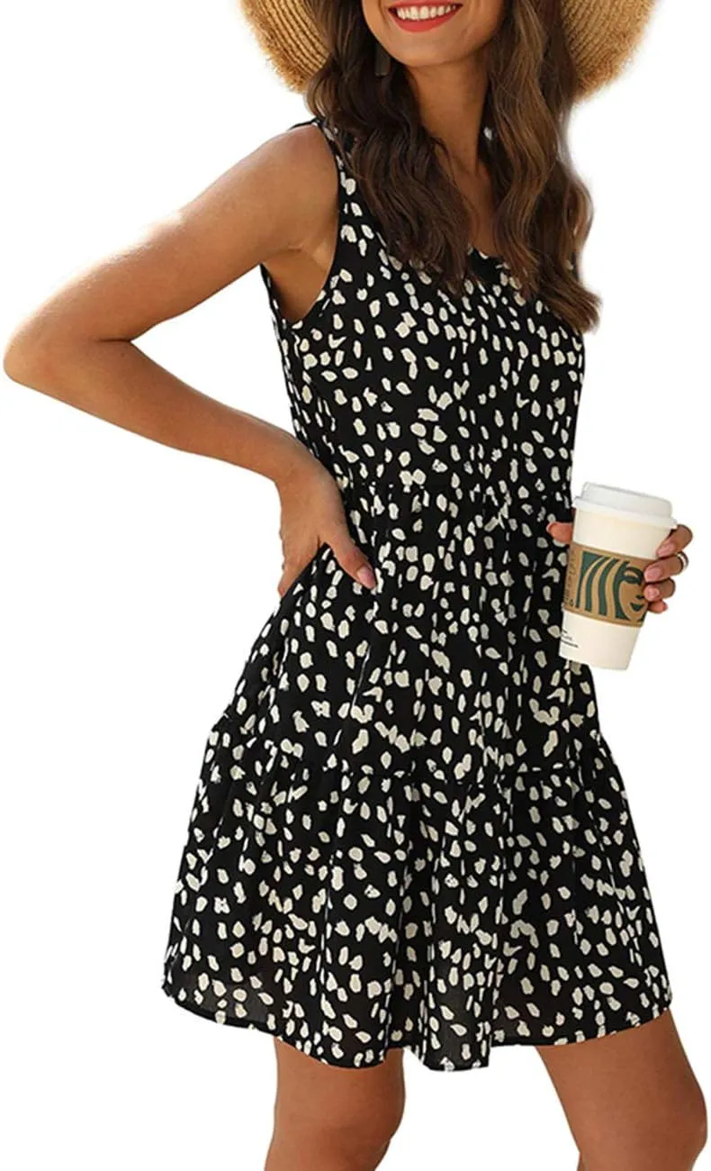 Women's V Neck Sleeveless Dot Print Dress Loose Ruffle Hem Swing Babydoll Dress