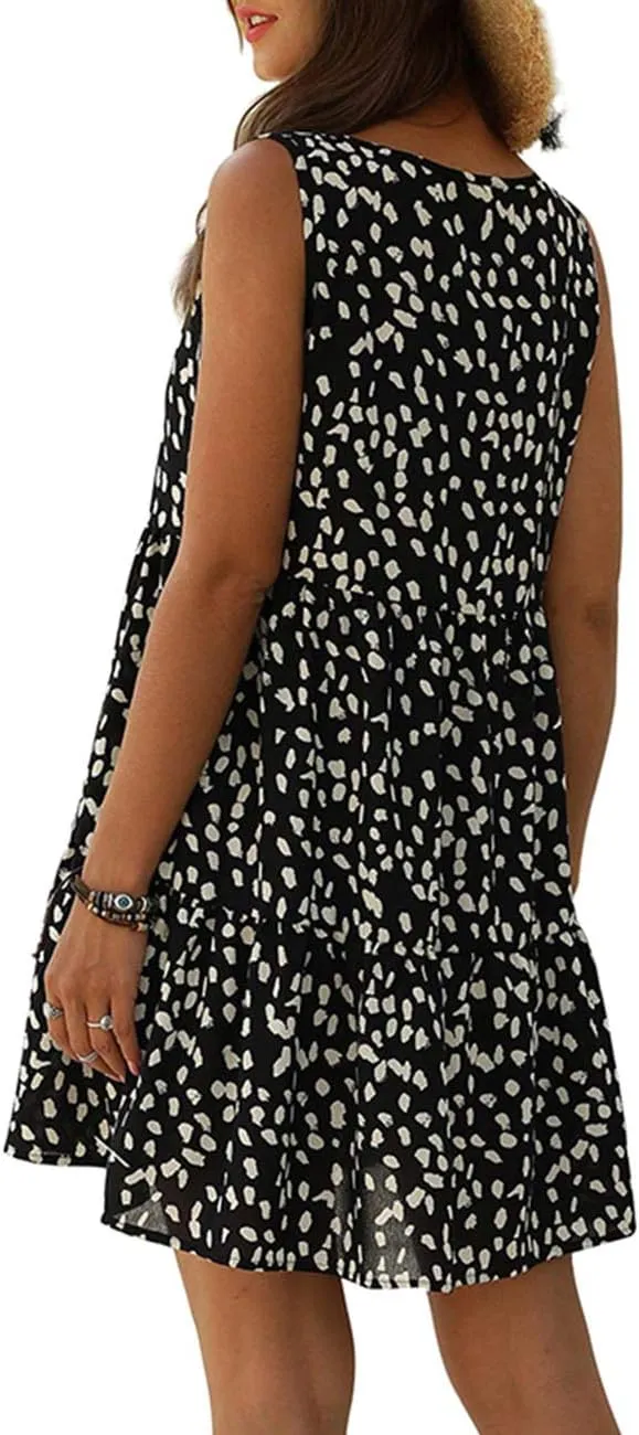 Women's V Neck Sleeveless Dot Print Dress Loose Ruffle Hem Swing Babydoll Dress