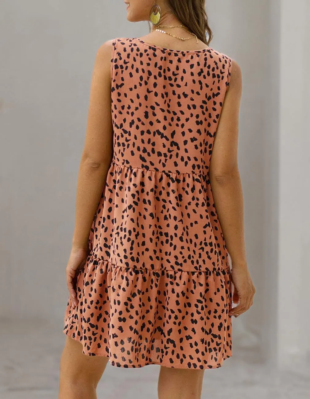 Women's V Neck Sleeveless Dot Print Dress Loose Ruffle Hem Swing Babydoll Dress