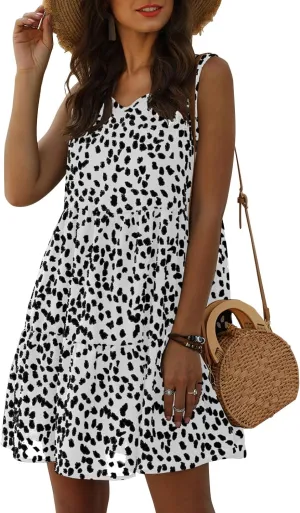 Women's V Neck Sleeveless Dot Print Dress Loose Ruffle Hem Swing Babydoll Dress