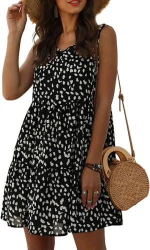 Women's V Neck Sleeveless Dot Print Dress Loose Ruffle Hem Swing Babydoll Dress
