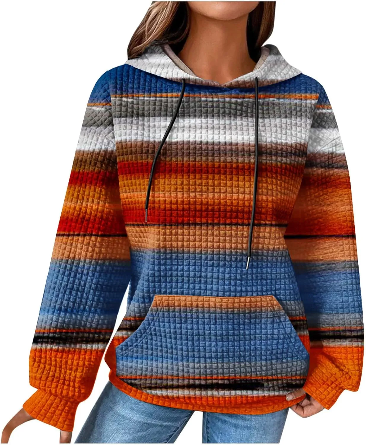 Womens Waffle Knit Trendy Sweatshirt Casual Comfort Hoodie Sweatshirts Drawstring Pullover Tops Preppy Clothes 2024