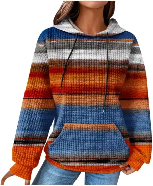 Womens Waffle Knit Trendy Sweatshirt Casual Comfort Hoodie Sweatshirts Drawstring Pullover Tops Preppy Clothes 2024