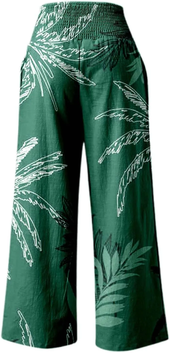 Women's Wide Leg Pants Casual Loose High Waist Stretchy Straight Trousers Comfy Lounge Running Pants Beach Trousers
