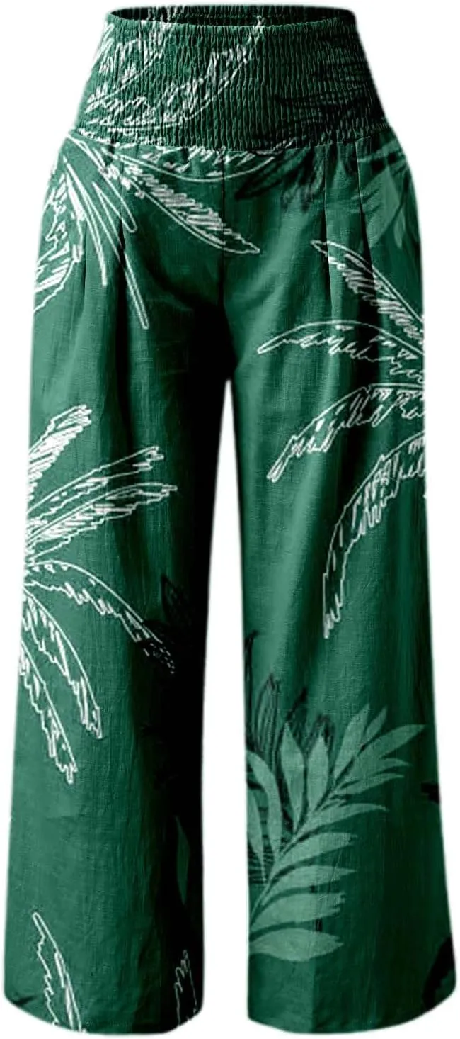 Women's Wide Leg Pants Casual Loose High Waist Stretchy Straight Trousers Comfy Lounge Running Pants Beach Trousers