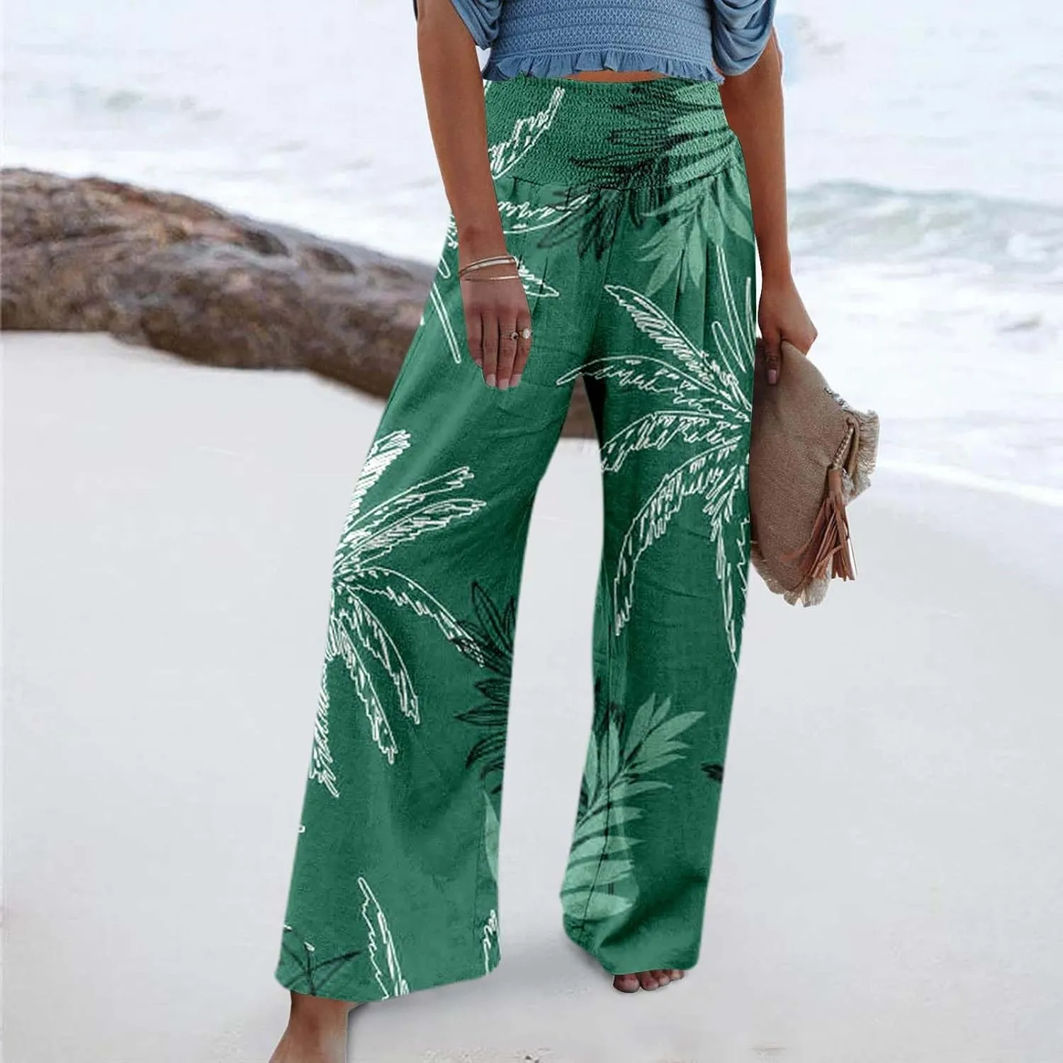 Women's Wide Leg Pants Casual Loose High Waist Stretchy Straight Trousers Comfy Lounge Running Pants Beach Trousers