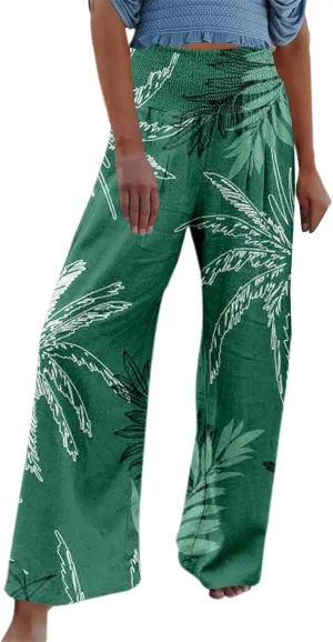 Women's Wide Leg Pants Casual Loose High Waist Stretchy Straight Trousers Comfy Lounge Running Pants Beach Trousers