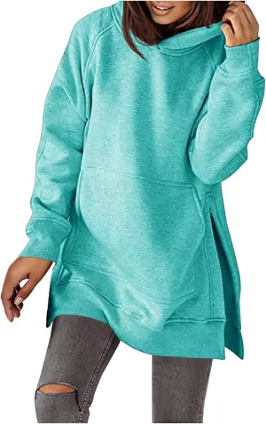Women's Winter Oversized Hoodies Stylish Long Sleeve High Split Hem Pullover Casual High Low Sweatshirt With Pocket