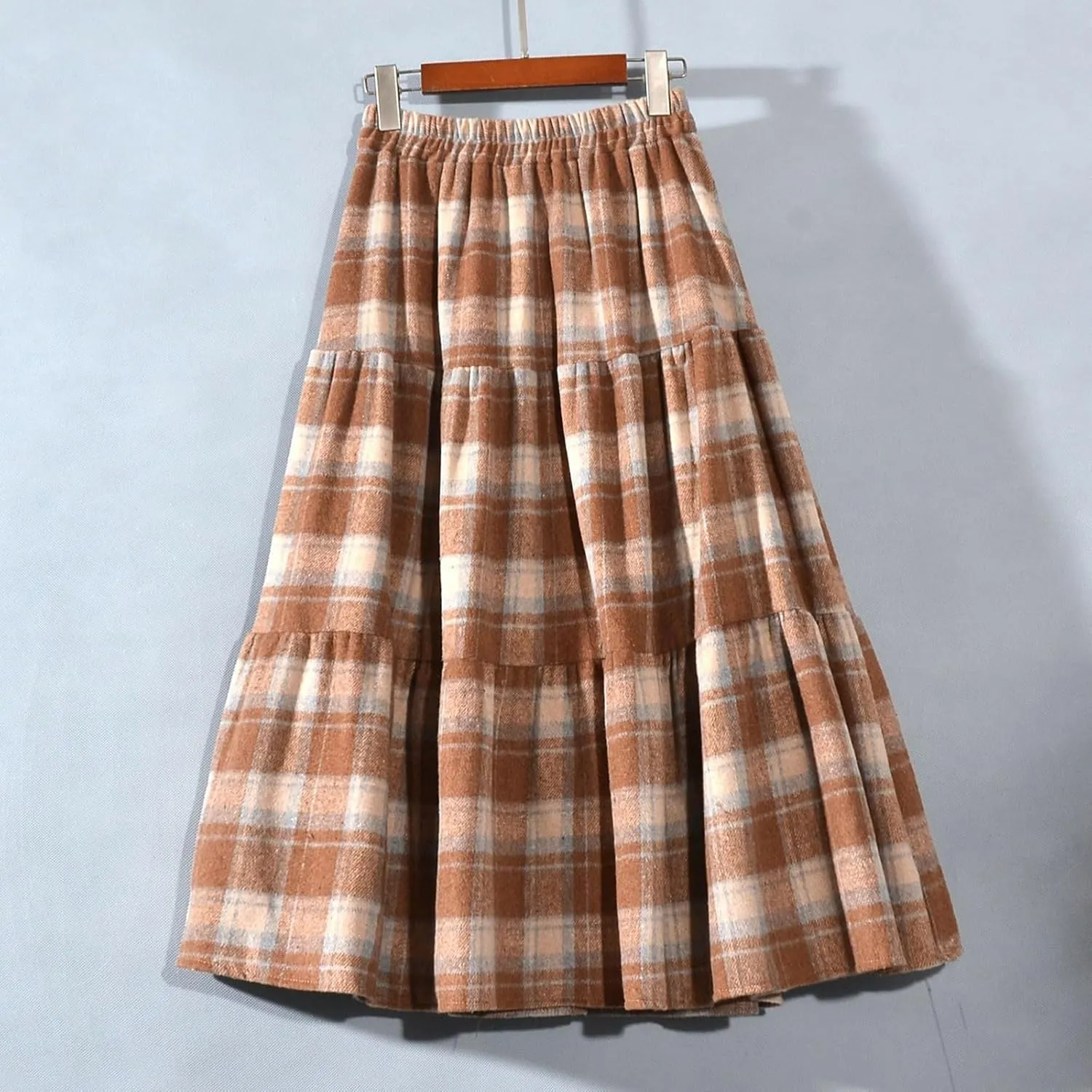 Women's Woolen Midi Skirts Vintage Plaid Elastic High Waist Pleated A-line Tartan Skirt Knee Length Pencil Skirt