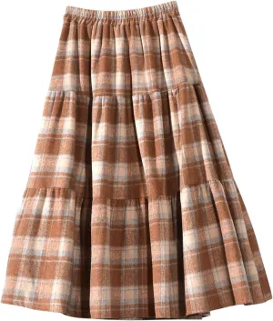 Women's Woolen Midi Skirts Vintage Plaid Elastic High Waist Pleated A-line Tartan Skirt Knee Length Pencil Skirt
