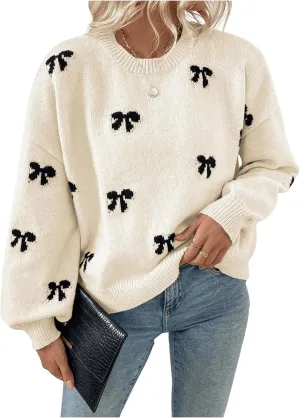 Women's Y2K Bow Print Sweater Crewneck Long Sleeve Drop Shoulder Knit Pullovers Sweaters
