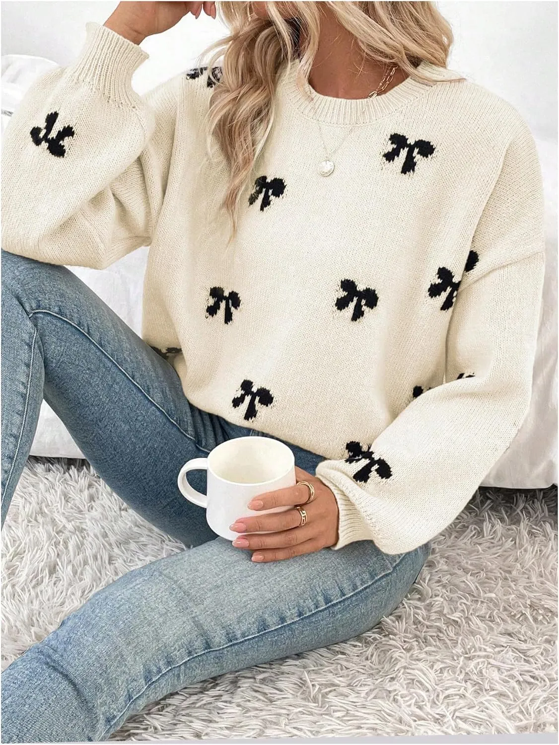 Women's Y2K Bow Print Sweater Crewneck Long Sleeve Drop Shoulder Knit Pullovers Sweaters