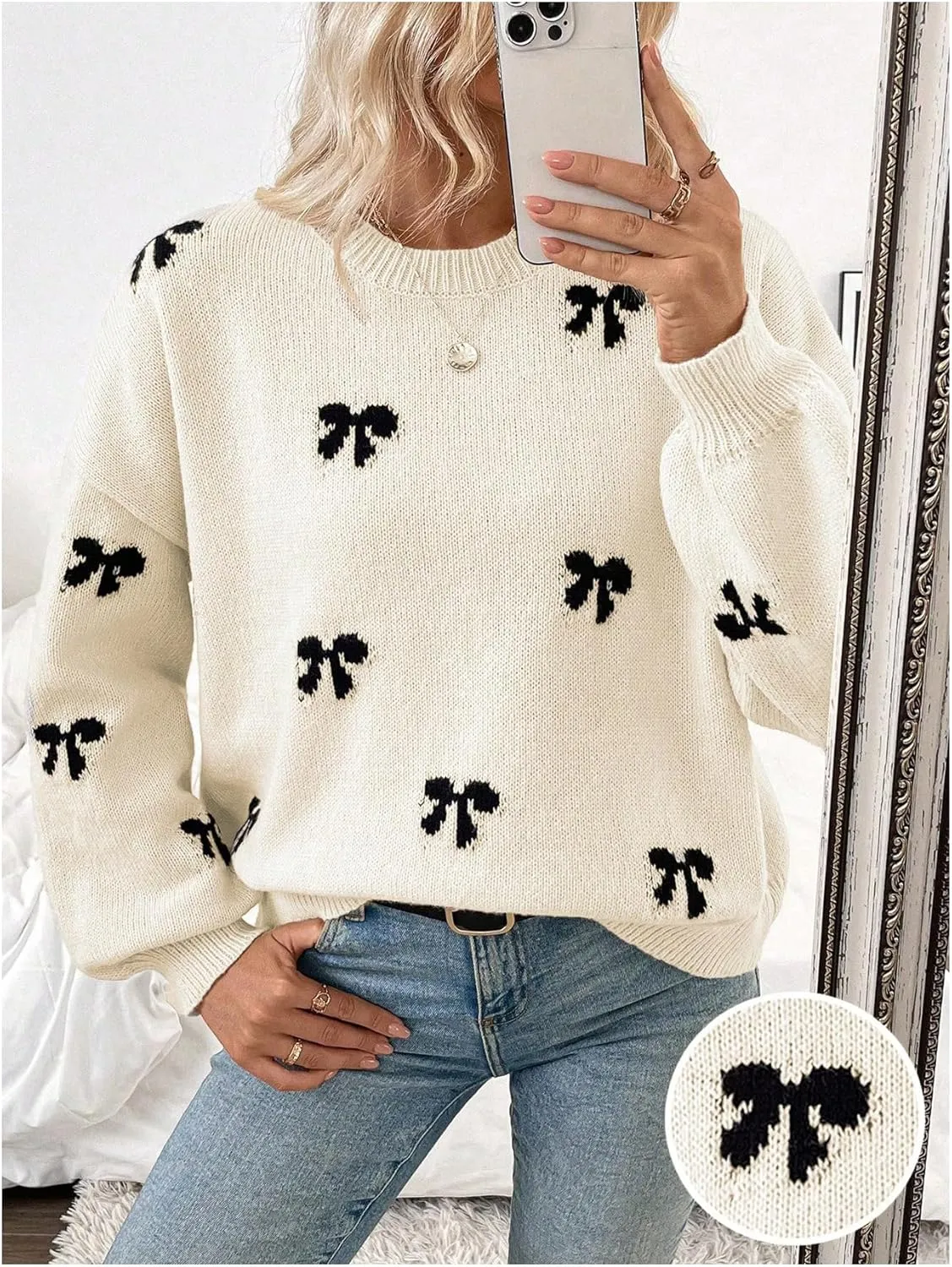 Women's Y2K Bow Print Sweater Crewneck Long Sleeve Drop Shoulder Knit Pullovers Sweaters