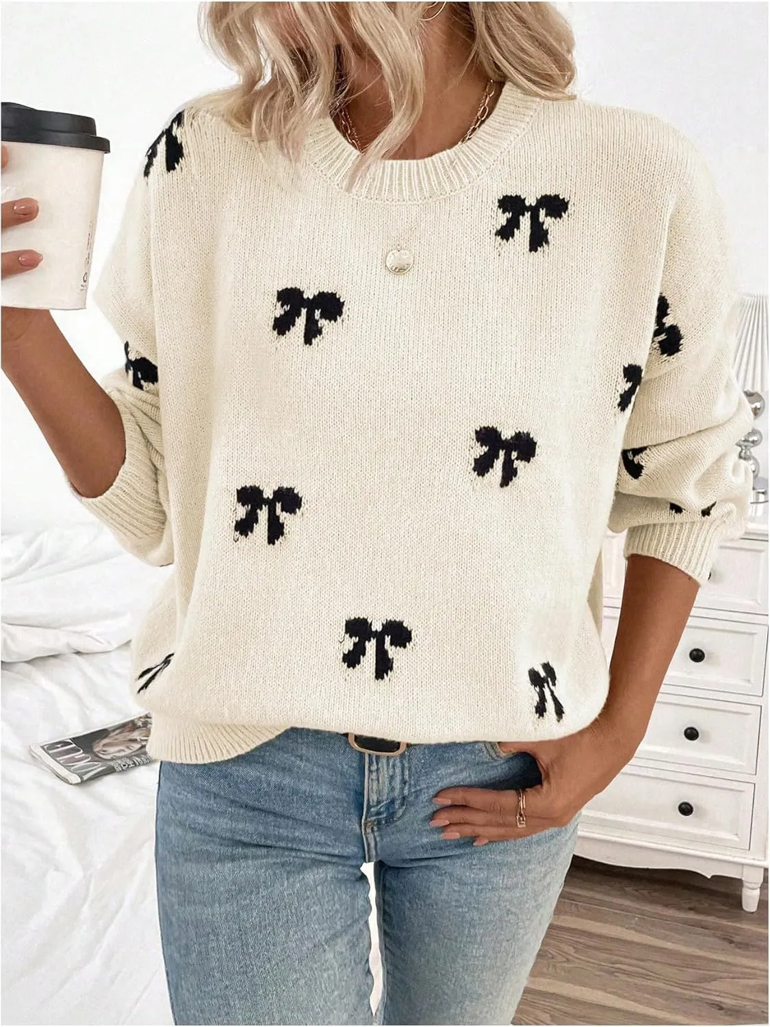 Women's Y2K Bow Print Sweater Crewneck Long Sleeve Drop Shoulder Knit Pullovers Sweaters