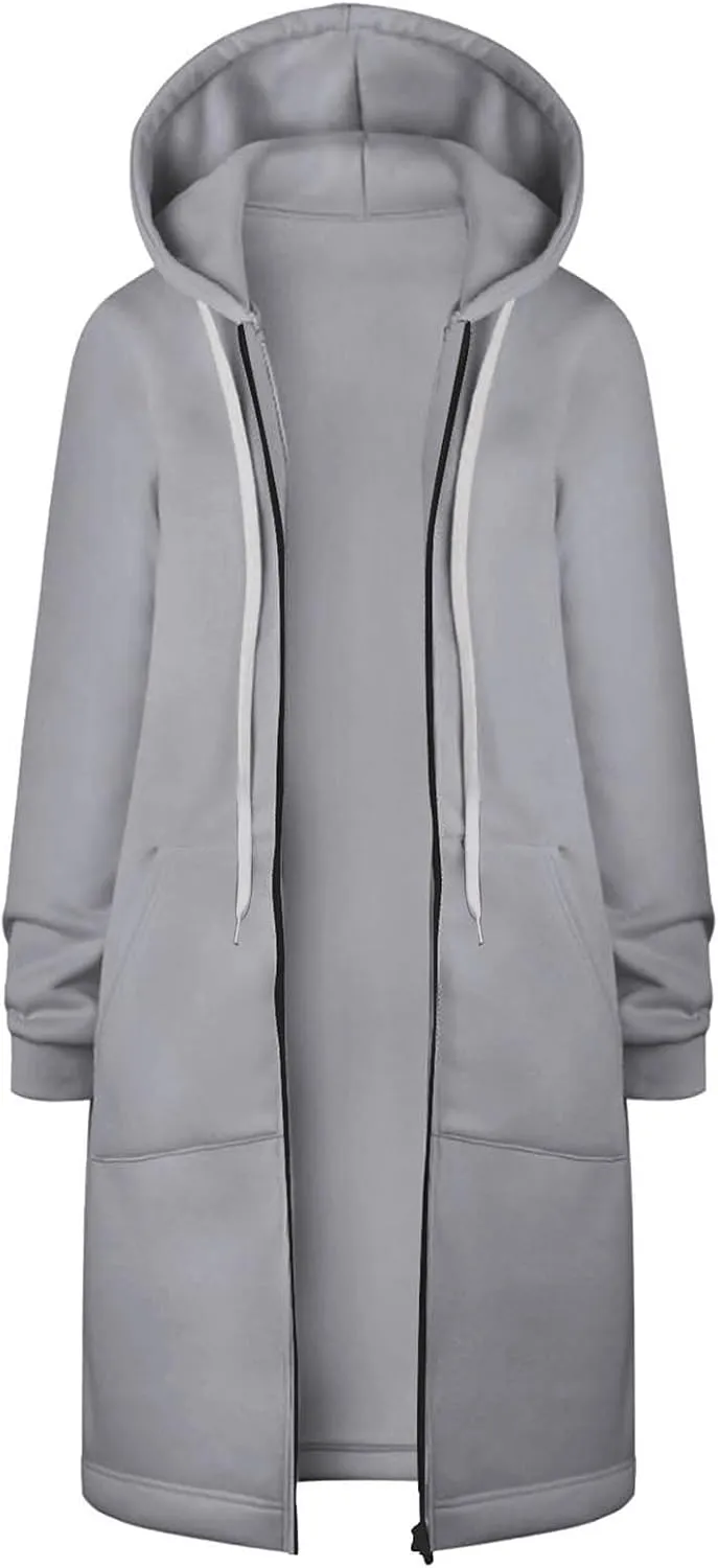 Womens Zip Up Hoodies Long Sleeve Fall Hooded Lightweight Knee Length Tunic Sweatshirt Comfy Oversized Jackets With Pockets