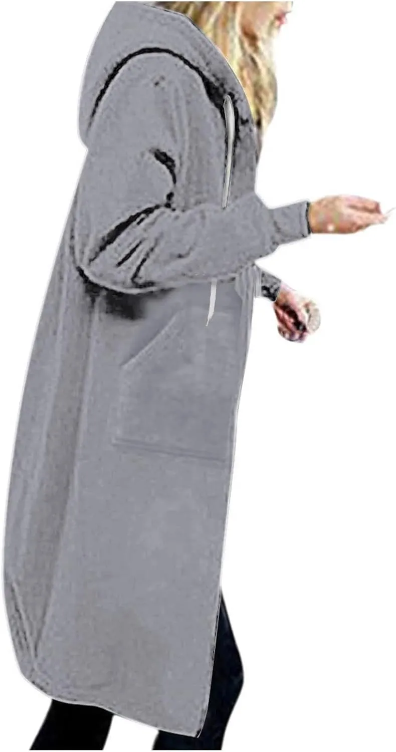 Womens Zip Up Hoodies Long Sleeve Fall Hooded Lightweight Knee Length Tunic Sweatshirt Comfy Oversized Jackets With Pockets