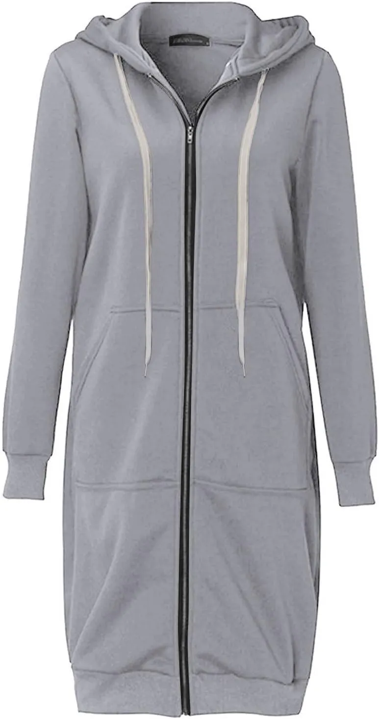 Womens Zip Up Hoodies Long Sleeve Fall Hooded Lightweight Knee Length Tunic Sweatshirt Comfy Oversized Jackets With Pockets