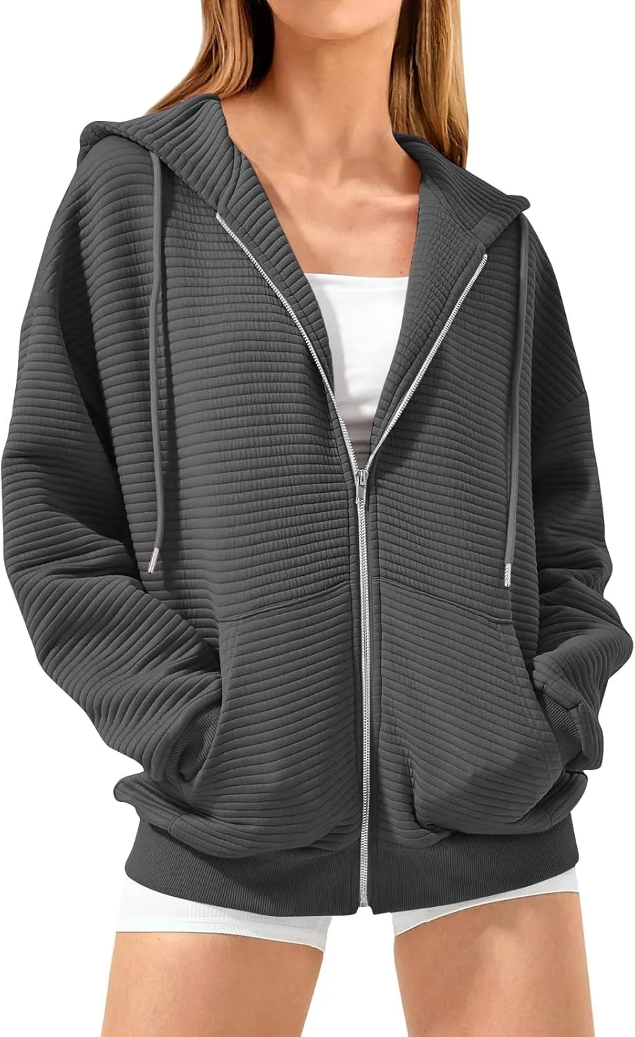 Womens Zip Up Hoodies Y2k Long Sleeve Cute Trendy Fleece Jacket Comfort Loose Fit Oversized Sweatshirt with Pockets
