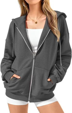 Womens Zip Up Hoodies Y2k Long Sleeve Cute Trendy Fleece Jacket Comfort Loose Fit Oversized Sweatshirt with Pockets