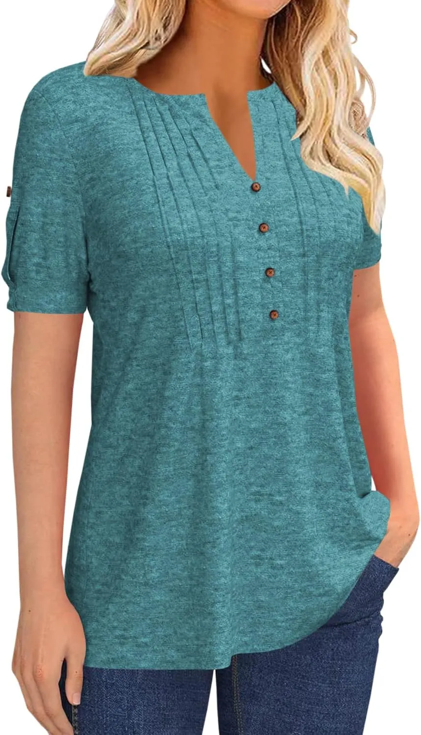 Women's Zipper Summer Pleated Button Short Sleeve T-Shirt Summer V-Neck Solid Color Casual top