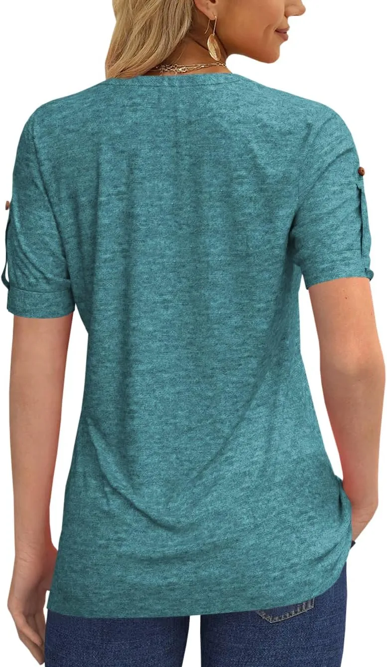 Women's Zipper Summer Pleated Button Short Sleeve T-Shirt Summer V-Neck Solid Color Casual top