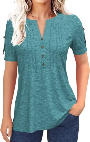Women's Zipper Summer Pleated Button Short Sleeve T-Shirt Summer V-Neck Solid Color Casual top