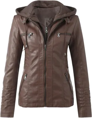 WUAI-Women Plus Size Faux Leather Jackets Hoodies Full Zip Casual Classy Warm Utility Motorcycle Coat Fall Clothes