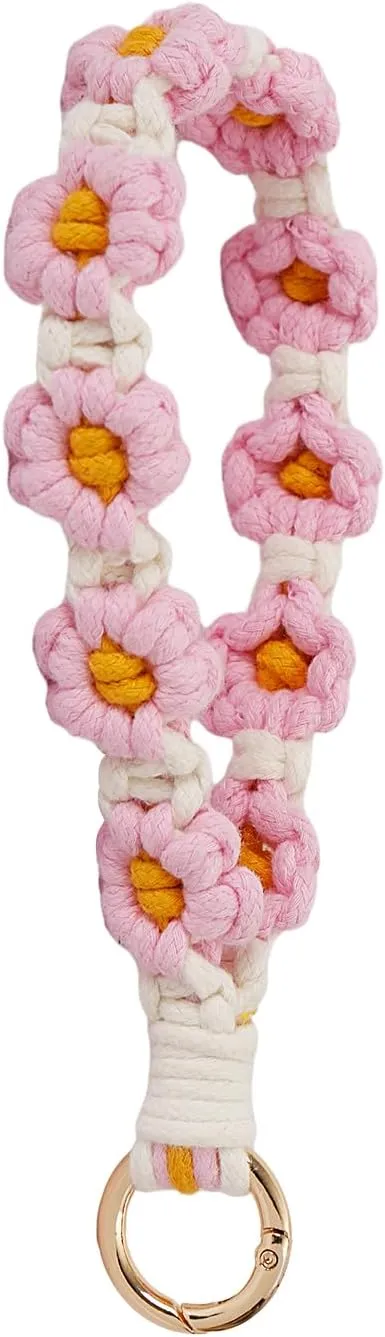 XGALBLA Women's Durable Macrame Keychain Boho Handmade Wristlet Bracelet Keychain Flower Floral Wrist Lanyard Handmade Holder