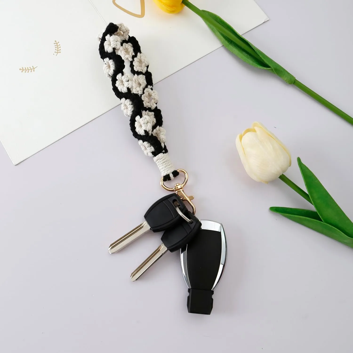 XGALBLA Women's Two-tone Macrame Keychain Boho Handmade Weave Wristlet Bracelet Keychain Flower Branch Wrist Lanyard Holder