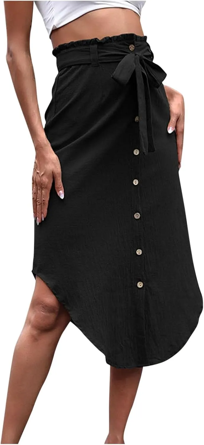 Xiaojmake Women's Pleated Midi Skirt Ruched High Waisted Paperbag Waist Tie Front A-Line Skirt Button Down Slit Beach Skirts