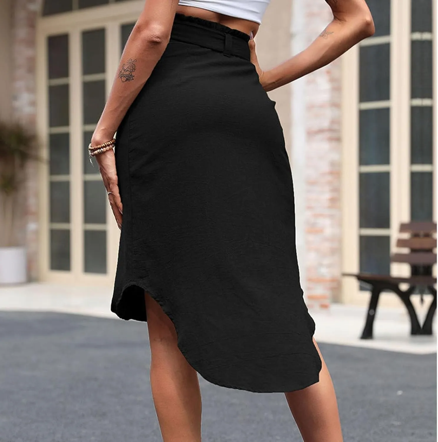 Xiaojmake Women's Pleated Midi Skirt Ruched High Waisted Paperbag Waist Tie Front A-Line Skirt Button Down Slit Beach Skirts