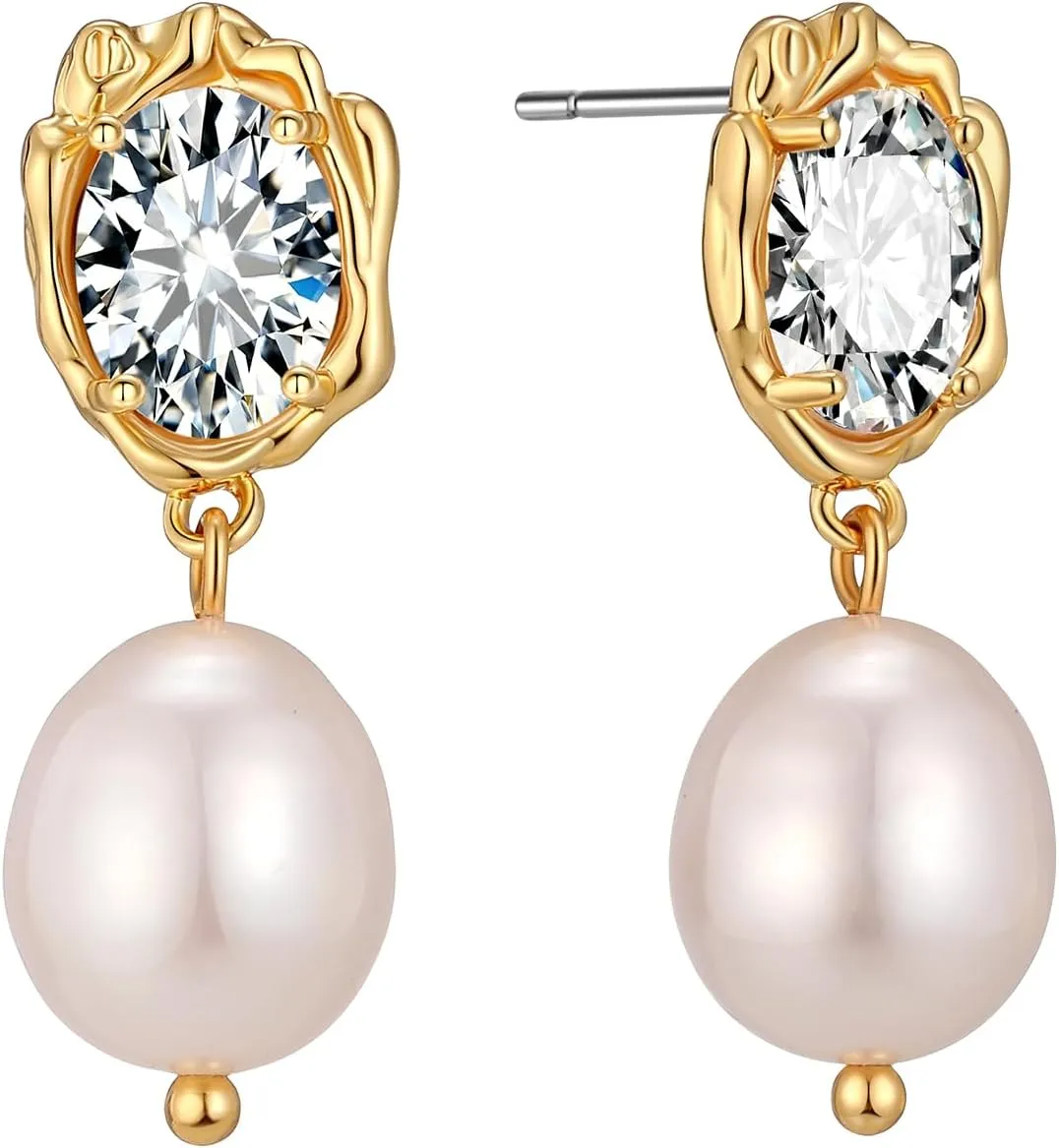 XYJZXY 18K Gold Pearl Stud Earrings for Women Double Pearl Earrings Cubic Zirconia Dangle Drop Earrings Bridal Wedding Jewelry