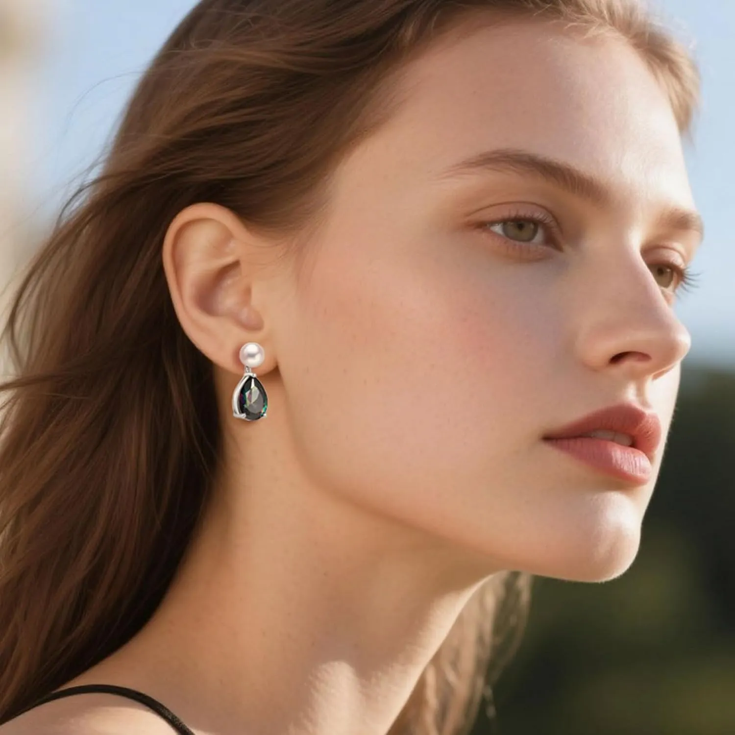 YAMI Pearl Earrings for Women, 925 Sterling Silver Studs 10 * 14mm Pear Shaped Colored Zircon Birthstone Drop Dangle Earrings, 8-8.5MM Freshwater Cultured Pearl Jewelry Gifts