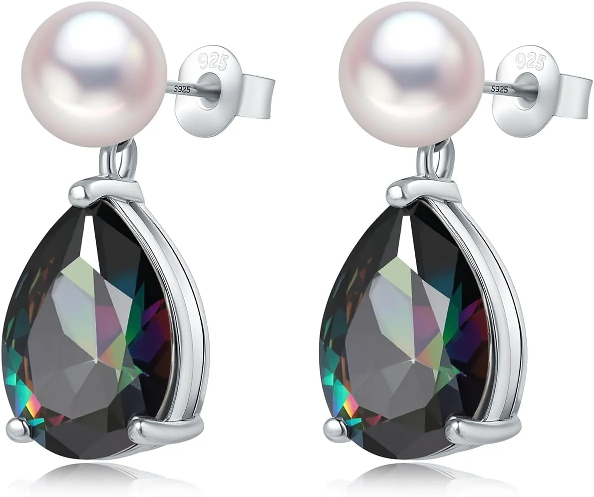 YAMI Pearl Earrings for Women, 925 Sterling Silver Studs 10 * 14mm Pear Shaped Colored Zircon Birthstone Drop Dangle Earrings, 8-8.5MM Freshwater Cultured Pearl Jewelry Gifts